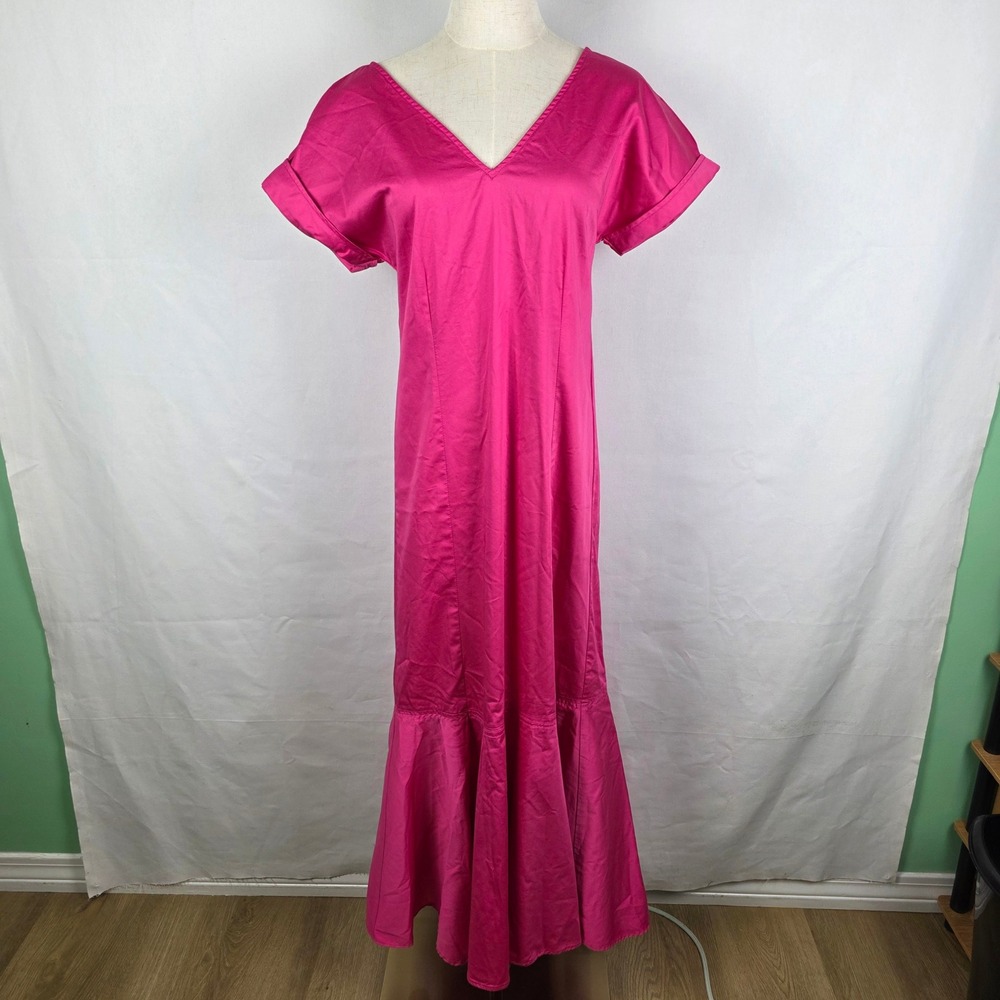 Antonio Melani Pink V-Neck Ruffle Hem Maxi Dress Size 0 Short Sleeve Cotton